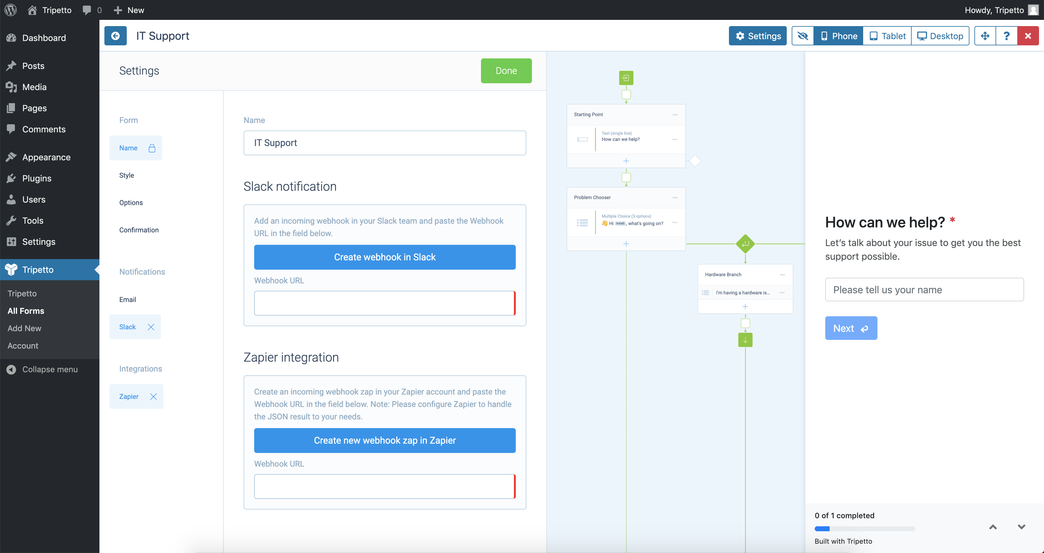 Screenshot of automations in Tripetto