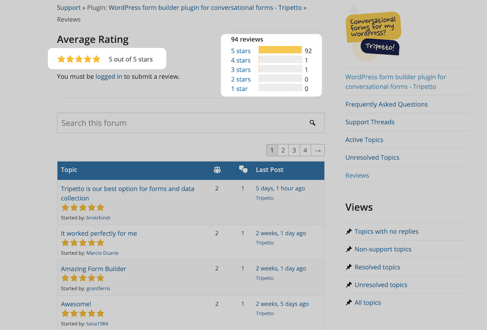 The average rating for the Tripetto plugin.