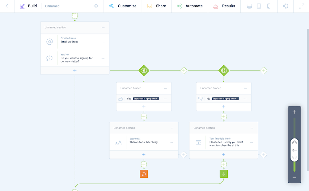 A screenshot of Tripetto's form builder.