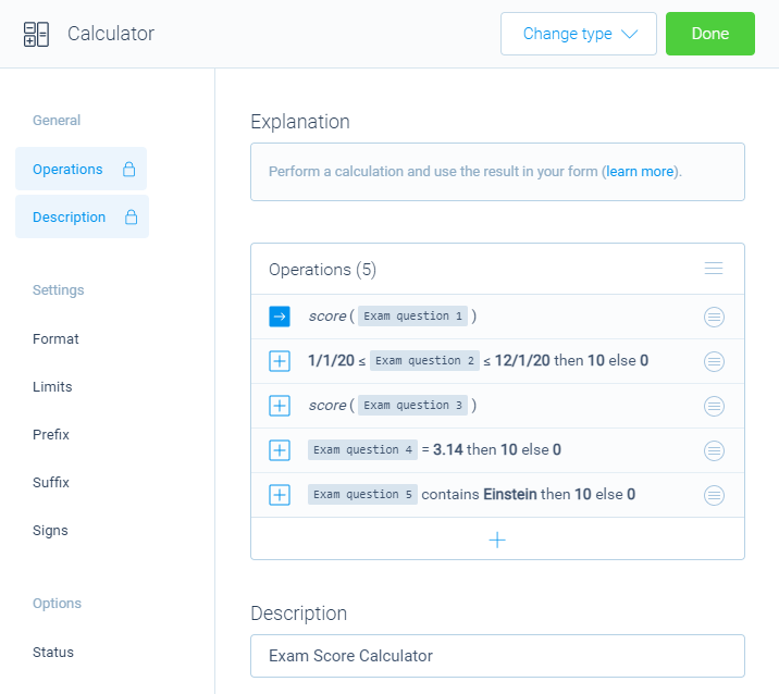 A screenshot of an exam score calculator in Tripetto.