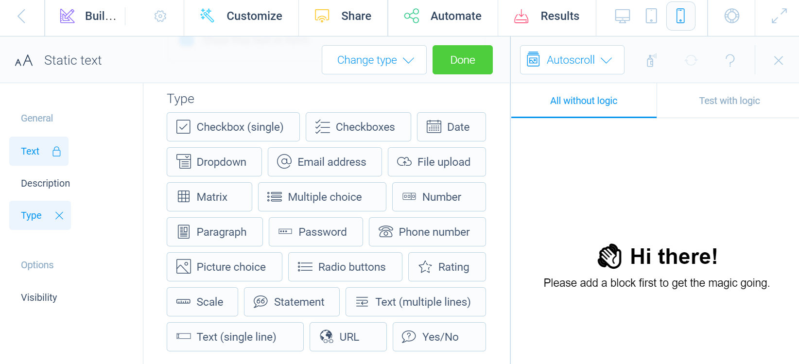 A screenshot of the question types in Tripetto.