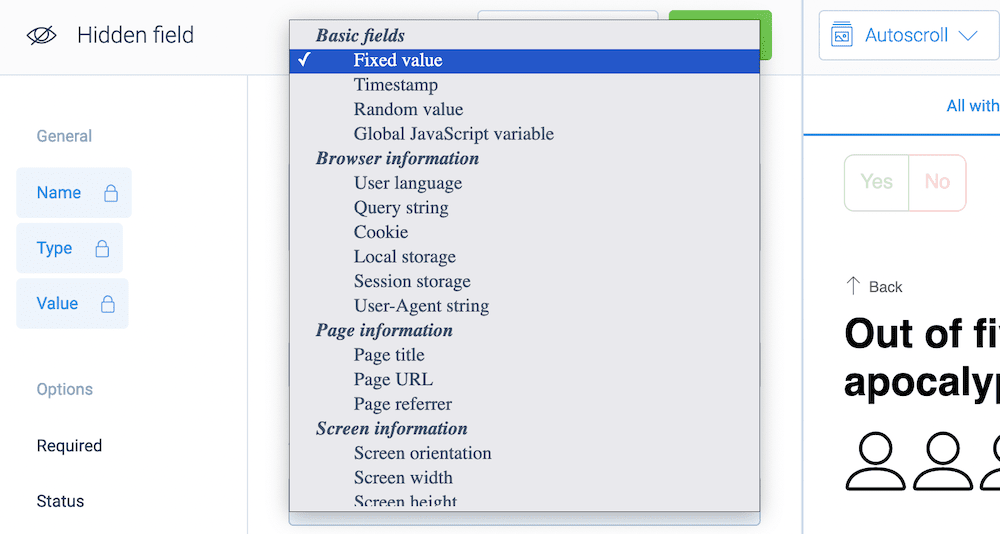 The Value drop-down for the Hidden Field Block showing the data you can use within the field.