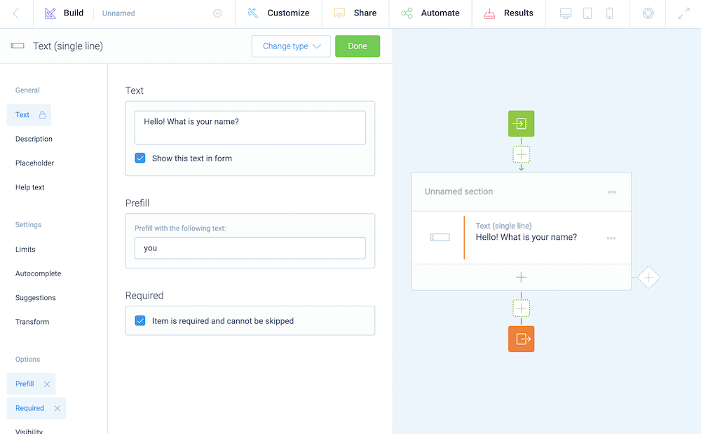 The Tripetto storyboard showing a field where the user is asked their name.