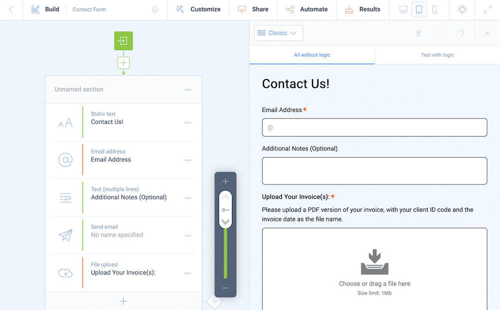 The Tripetto storyboard, showing a preview of a form using text fields.