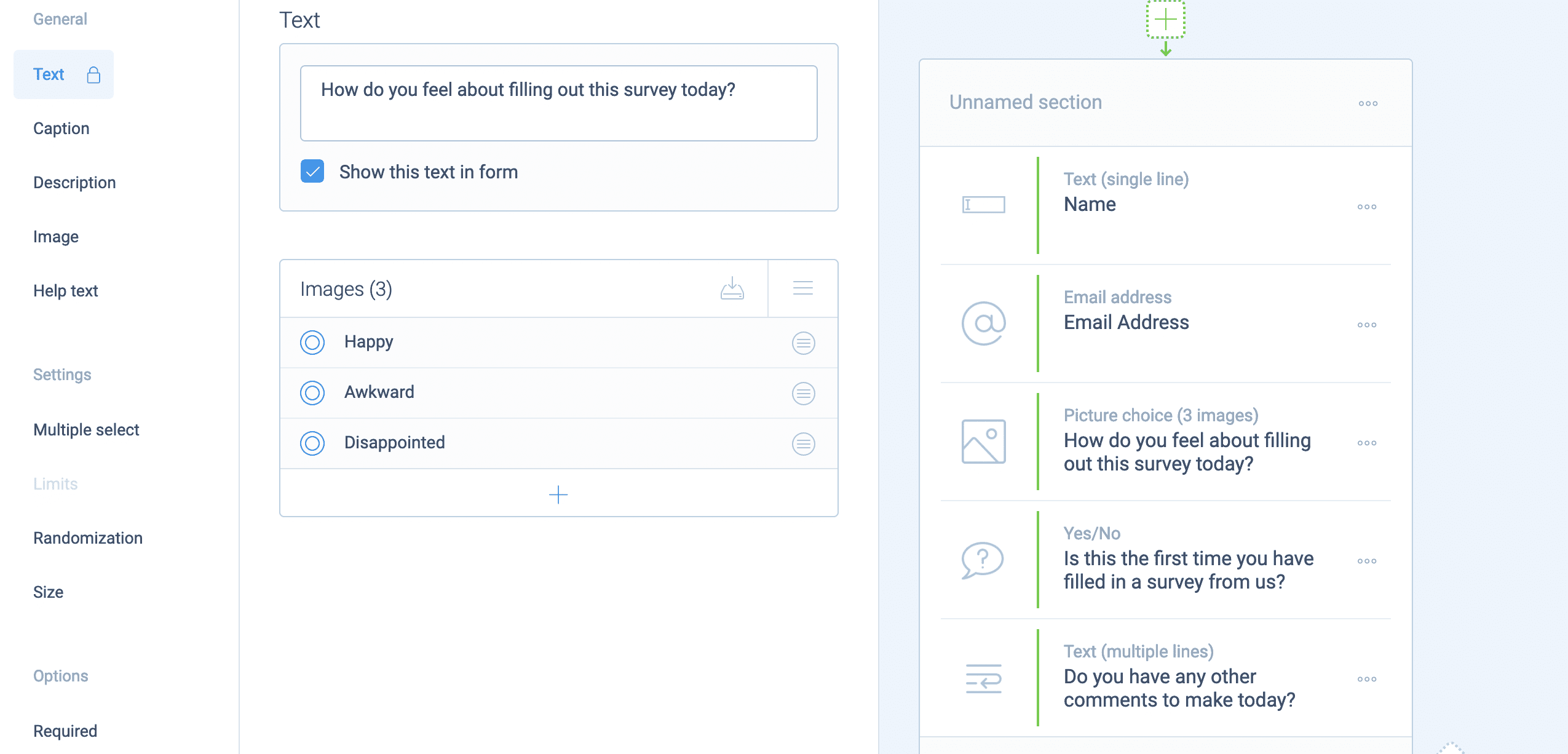 The Tripetto storyboard, showing options for the Text Block.