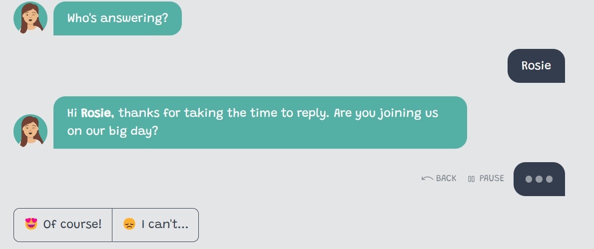 A wedding RSVP form in Tripetto's chat form face.