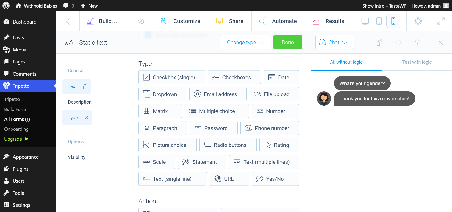 Tripetto's question type selection