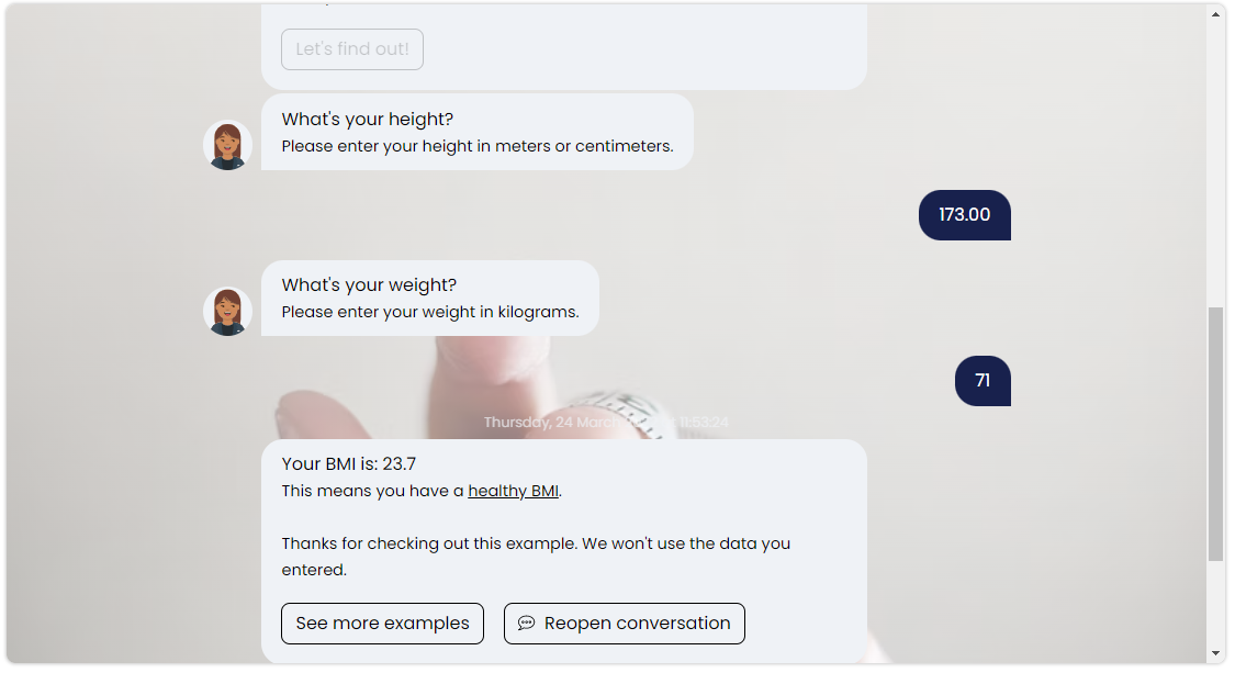 A Tripetto form that calculates the BMI based on the given answers.