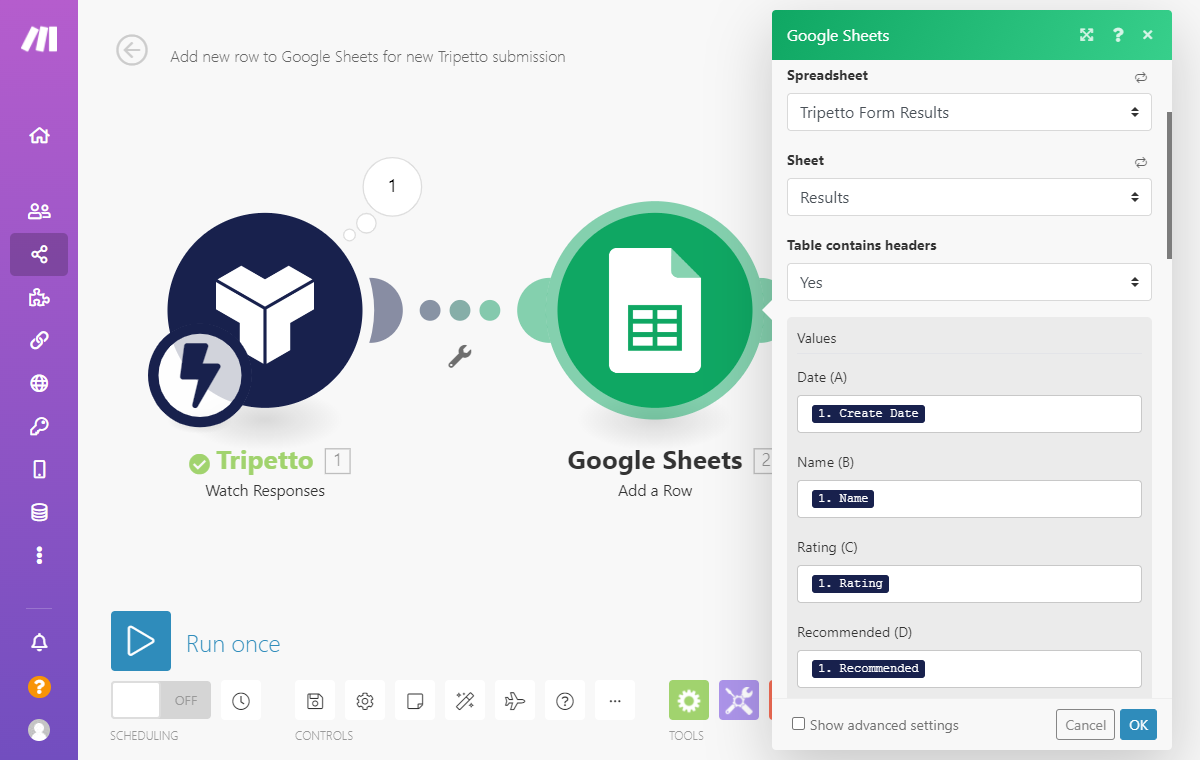 Screenshot of Google Sheets in Make.