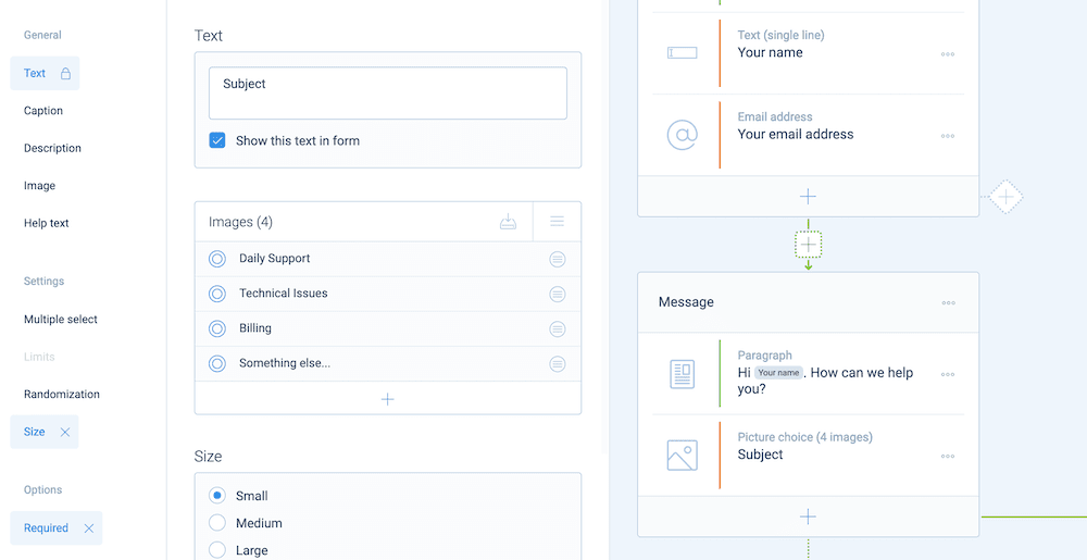 A customization menu, showing the design of a Picture choice block and settings.