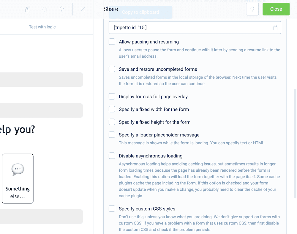 The options for placing shortcodes within Tripetto.