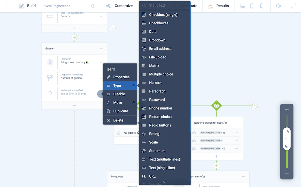 Choosing a new type from a drop-down list on the storyboard.