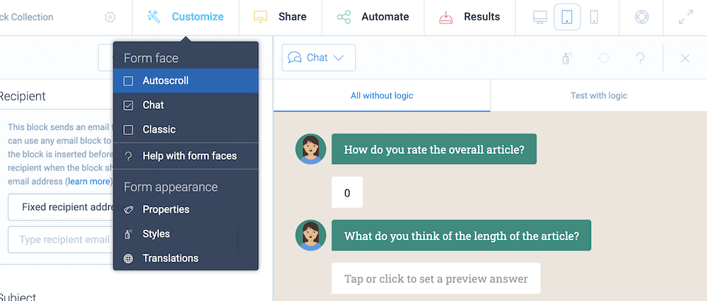 Selecting a new form face from within Tripetto.