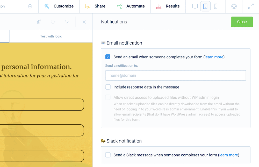 The Email Notification options within the Automate menu.