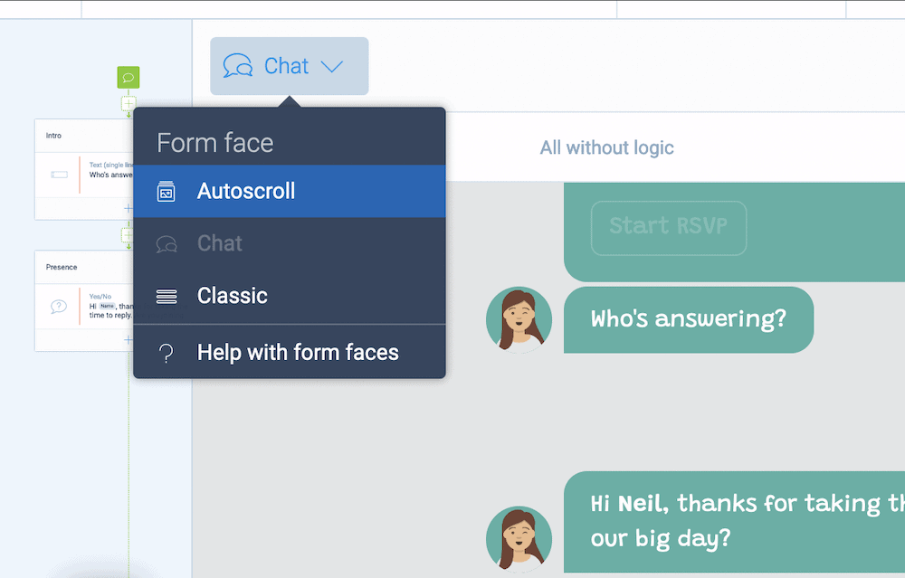 Selecting a form face within Tripetto.