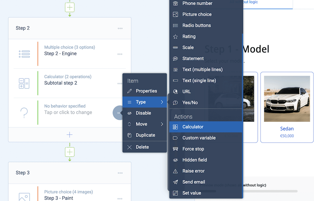 Choosing a calculator type within Tripetto.