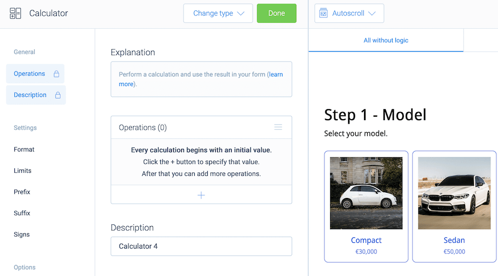 The available options for a Calculator Block within Tripetto.