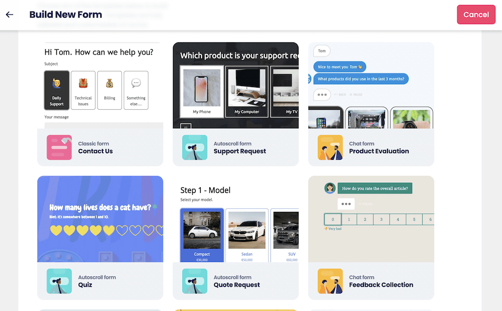 Choosing a form face and template within Tripetto.