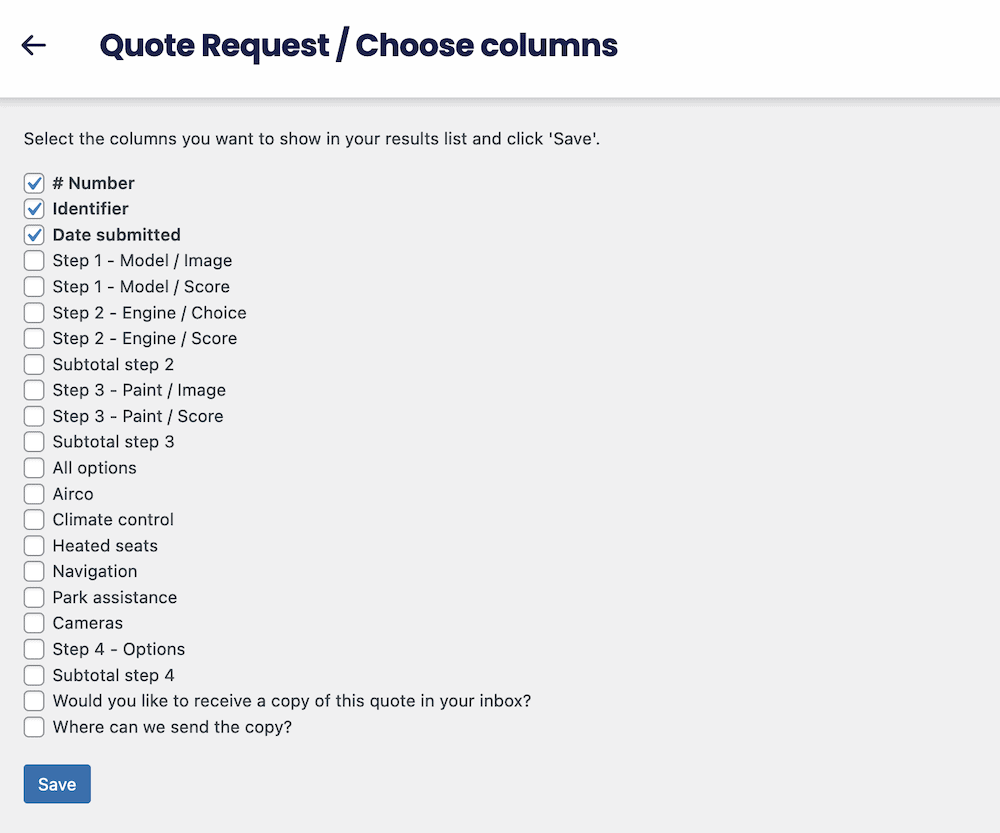 Choosing columns to display within the Tripetto Results screen.