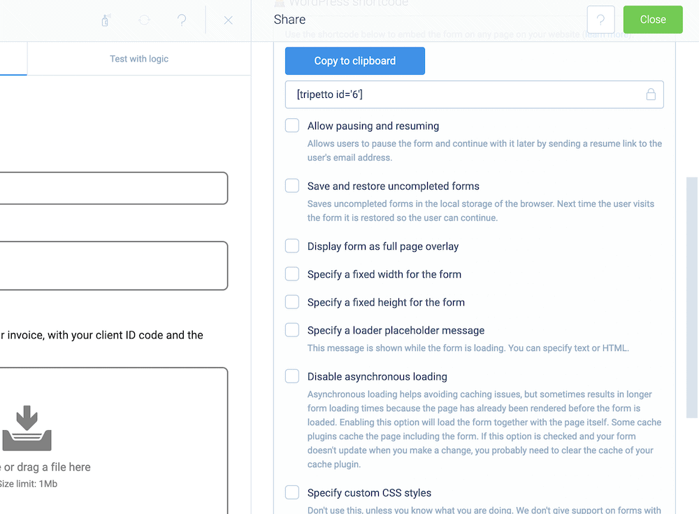 Setting up a Tripetto shortcode within the form builder.