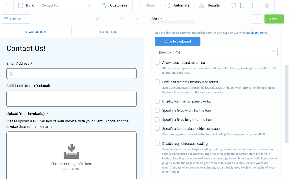 Setting shortcode options within Tripetto.