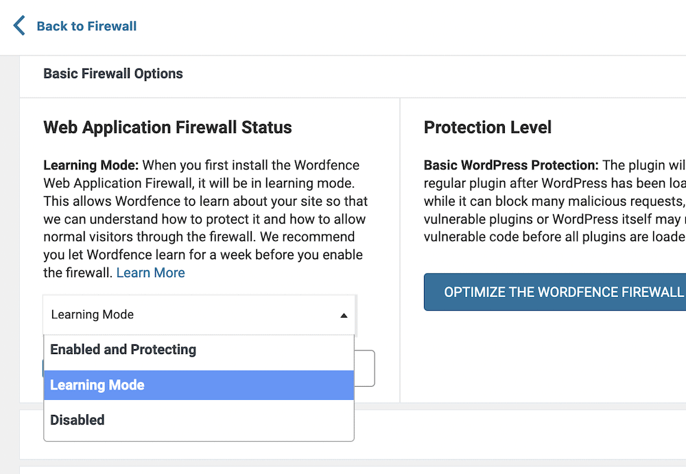 The Wordfence Learning Mode setting.