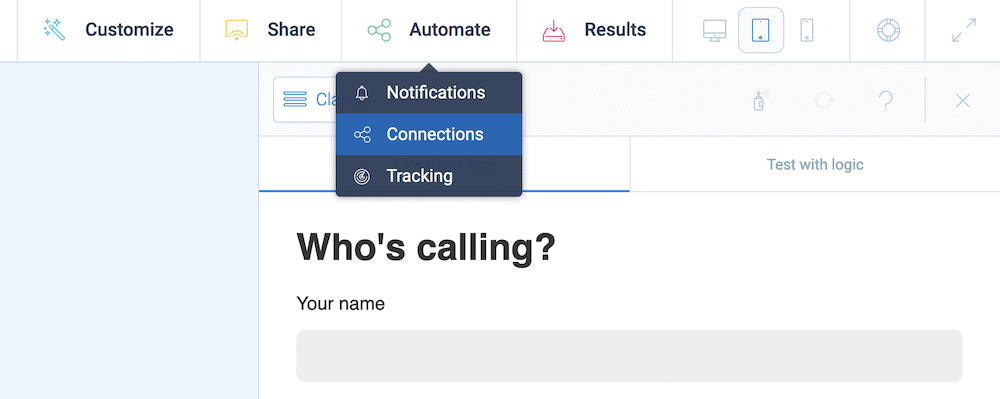 The Automate > Connections link within Tripetto.