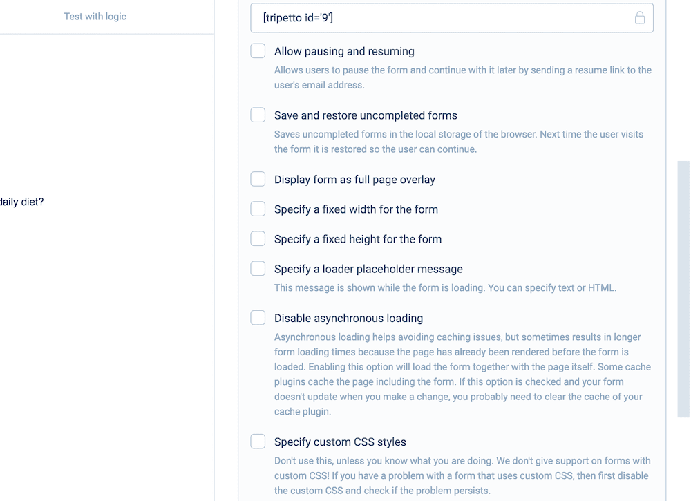 The Shortcode options for Tripetto, under the Share tab.