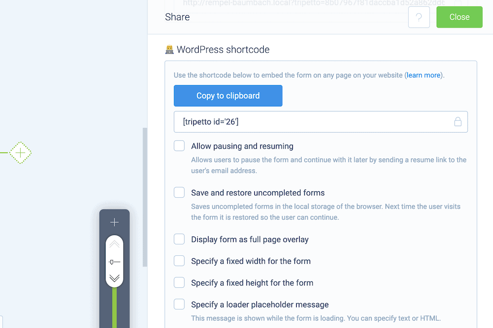 Adjusting the Tripetto shortcode options within WordPress.