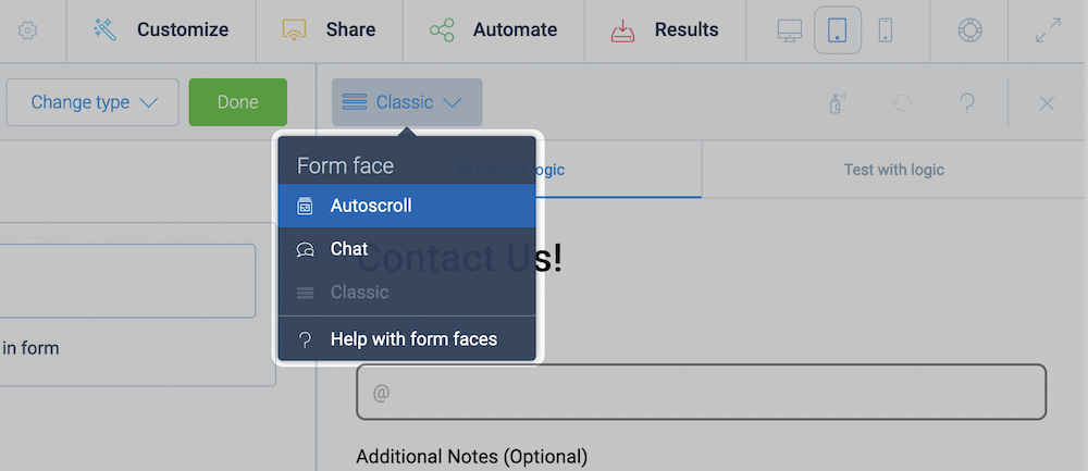 Choosing a form face within Tripetto.