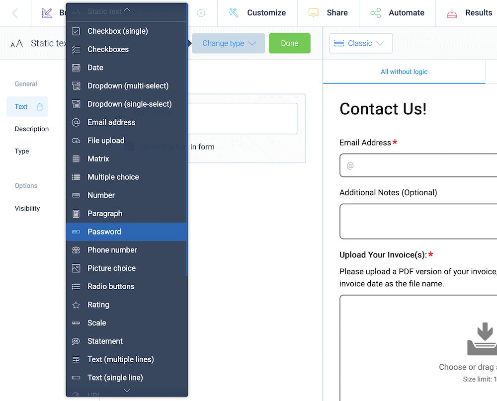 Choosing a question Block within Tripetto.