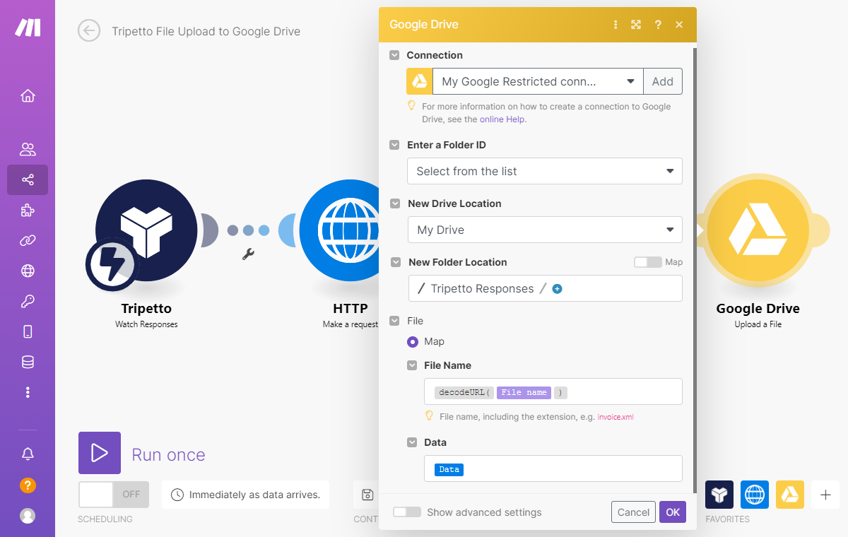 Screenshot of Google Drive module in Make