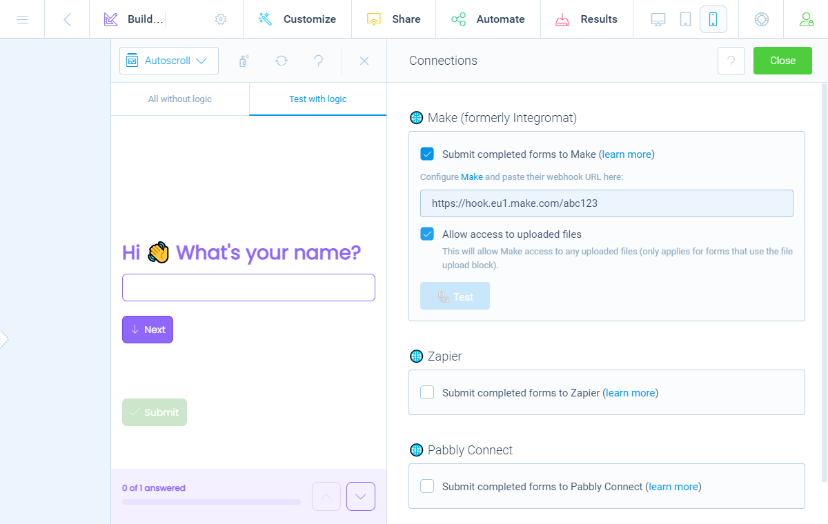 Screenshot of the Connections pane in the Tripetto WordPress plugin