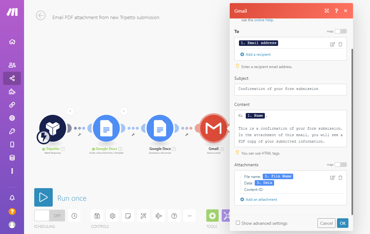 Screenshot of Gmail module in Make