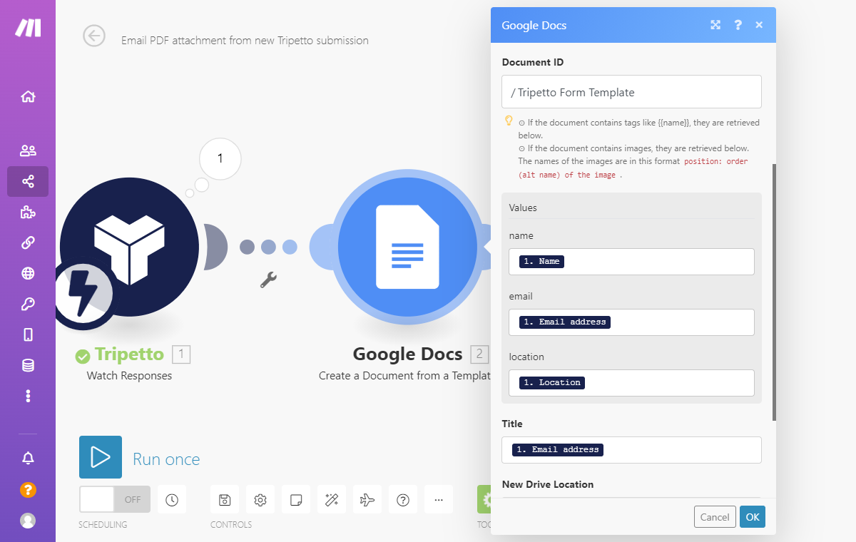 Screenshot of Google Docs module in Make