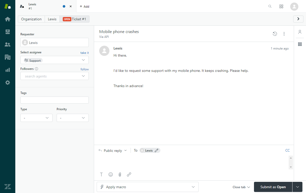 Screenshot of a support ticket in Zendesk