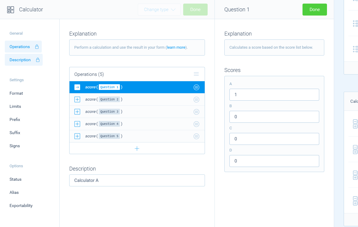 Screenshot of a calculator in Tripetto