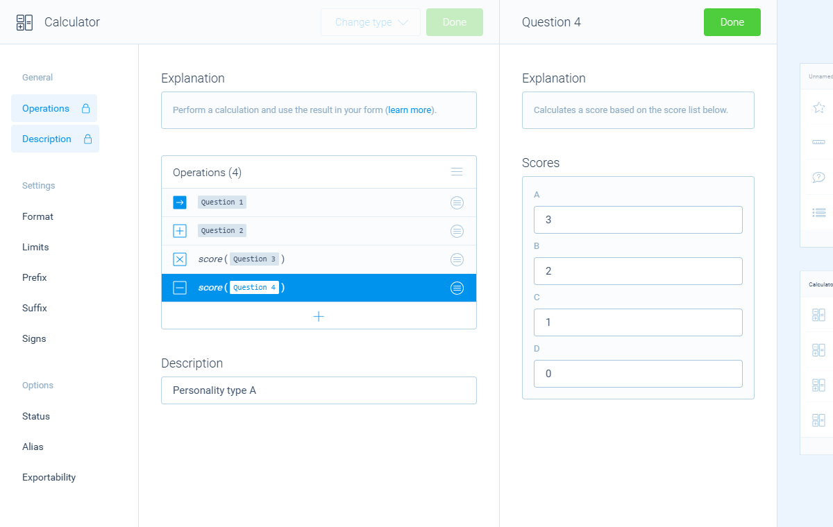 Screenshot of a calculator in Tripetto