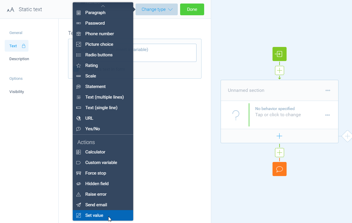 Screenshot of the form builder in Tripetto