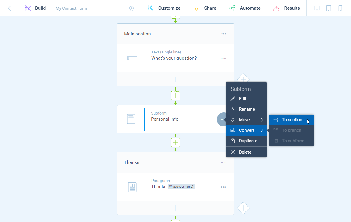 Screenshot of converting a subform into a section in Tripetto