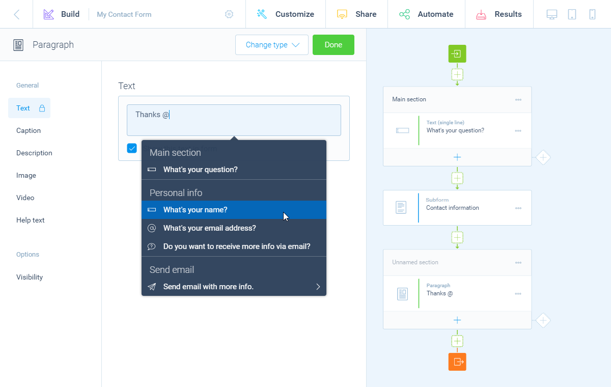 Screenshot of using a question block from a subform in Tripetto