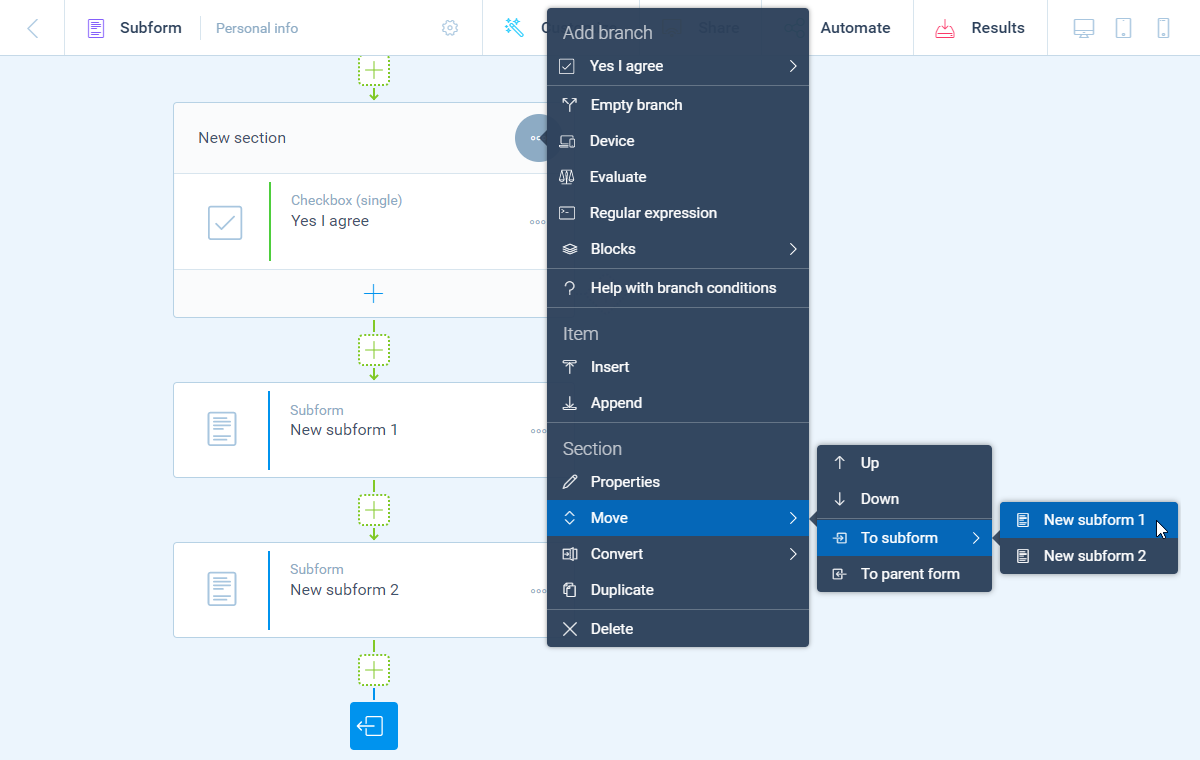 Screenshot of moving a section to a subform in Tripetto