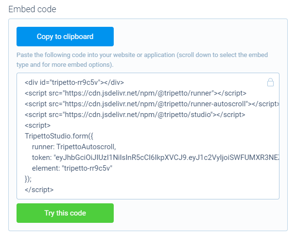 Screenshot of embed code in Tripetto studio