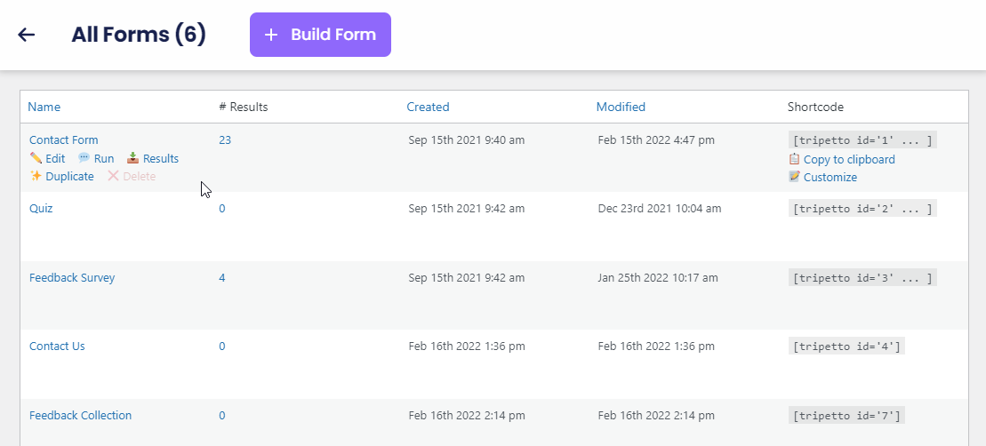 Screenshot of the list of forms in the Tripetto WordPress plugin