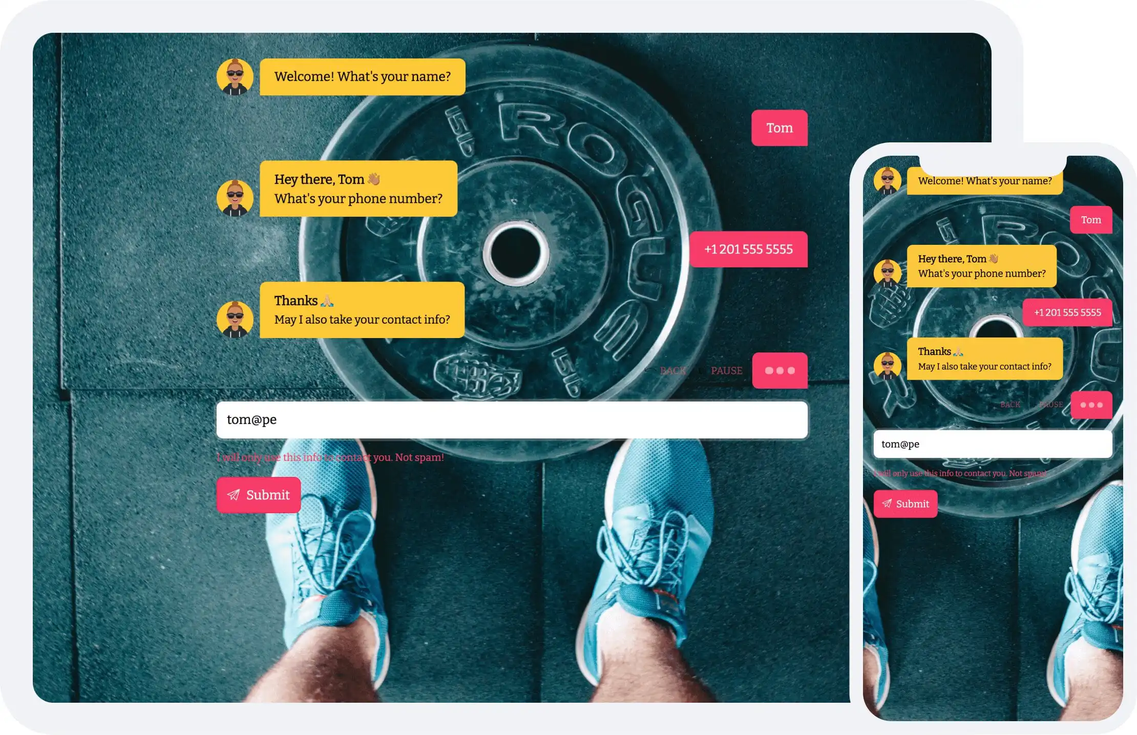 Screenshots of a fitness registration form in the chat form face, shown on a tablet and a mobile phone.